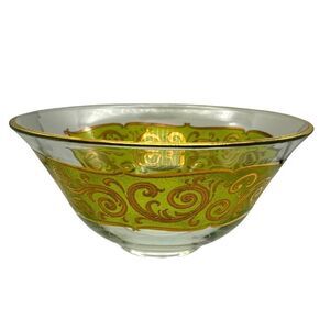 Vintage Mid-Century Modern Culver Glass Toledo Green swirl Bowl Gold 5”c 10"